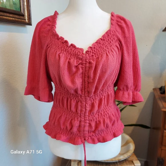 Pilcro Anthropologie Ruffle Puff Sleeve Pink Rose Sz M - Picture 10 of 16